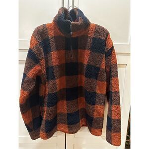 Eddie Bauer Plush Fleece Quarter Zip Pullover Rust/Navy Plaid Women’s Sz M
